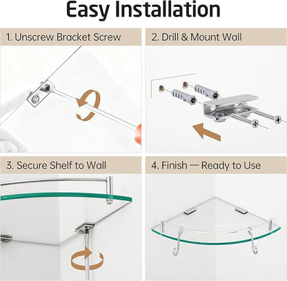 KES Glass Corner Shelf Bathroom Shelf Tempered Glass with Rail SUS 304 Stainless Steel Floating Wall Mount Bracket Polished Finish, BGS2101A