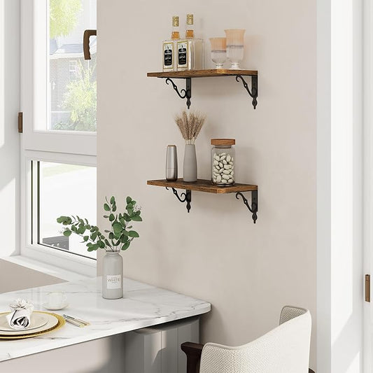 RICHFOCUS Floating Shelves for Wall Decor, 8 Inch Deep Floating Shelves Set of 2, 16W x 8D Shelves Wall Mounted with Metal Brackets, Wood Shelves for Living Room Bedroom Kitchen, Rustic Brown