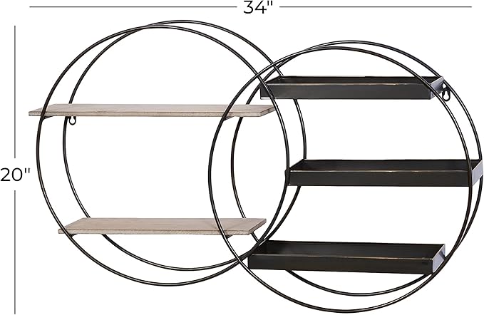 Deco 79 Metal Geometric Wall Shelf Overlapping Circle 5 Level with Wood Accents, 34" x 7" x 20", Black