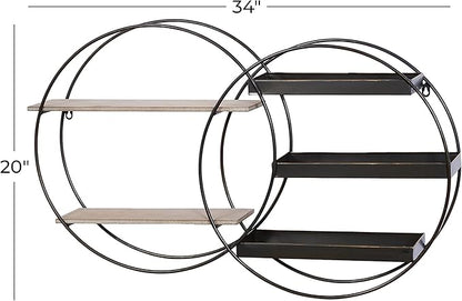 Deco 79 Metal Geometric Wall Shelf Overlapping Circle 5 Level with Wood Accents, 34" x 7" x 20", Black