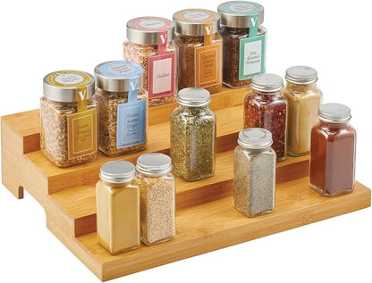 mDesign Bamboo Spice and Food Kitchen Cabinet Pantry Shelf Organizer - 4-Tier Storage - Modern Compact Caddy Rack - Holds Spices/Herb Bottles, Jars - for Shelves, Cupboards, Refrigerator - Clear