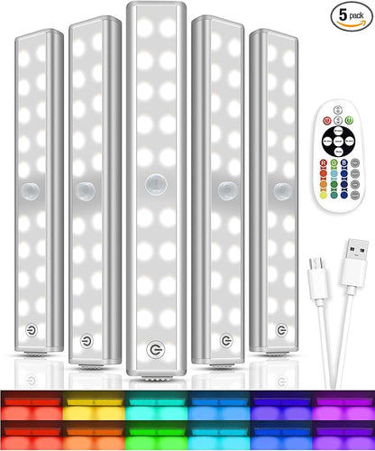 Under Cabinet Lighting,48LED RGB Rechargeable Under Cabinet Lights with Remote,Dimmable & 15 Color Temps,Magnetic Closet Light Bar,Wireless Under Counter Lights for Kitchen,Car,Shelf(5 Pack)
