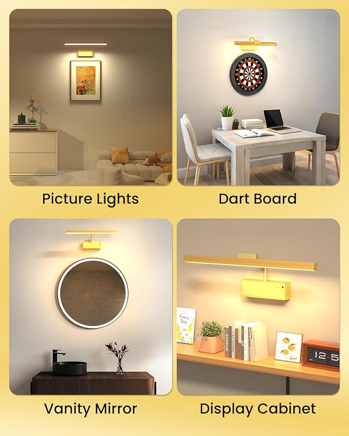 Wireless Picture Lights for Wall, 3000mAh Rechargeable with Power Level Display, 15'' Magnetic LED Art Painting Light with Remote & Timer, 3CCT Dimmable for Gallery, Frame, Dartboard (Gold)