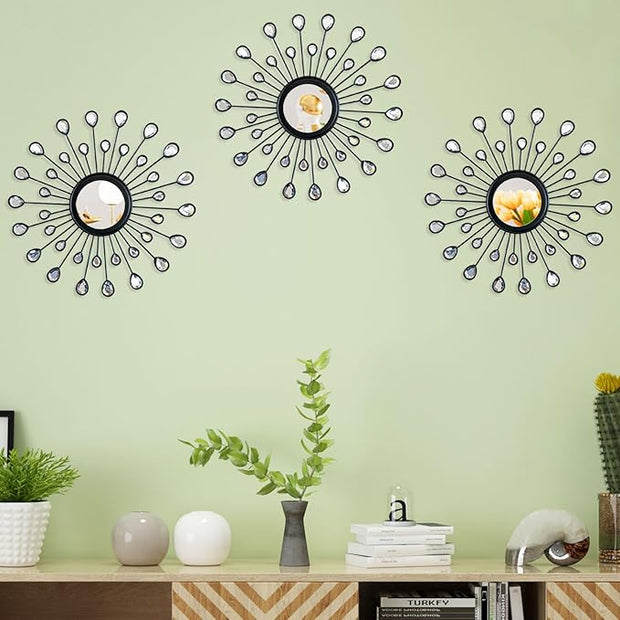 Uaussi 3 Pack Crystal Sunburst Wall Mirror Décor Rhinestone Mirrors Decorative Home Wall Art for Living Room Bedroom Entryway(Drop-Shape Black)