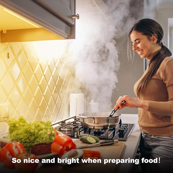 JUSJUBR Under Counter Lights for Kitchen, 4pcs 12 Inch Warm White 3000K Dimmable LED Under Cabinet Lighting with Memory Function, Under Cabinet Lights Plug-in, LED Light Bar for Closet