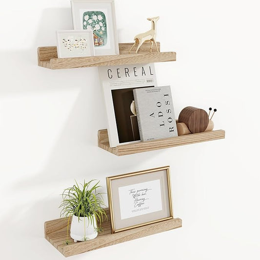 RICHFOCUS Floating Shelves for Wall, 16 inch Solid Wood Picture Ledge Shelf for Wall Storage, Nursery Book Shelves with Lip for Living Room Bathroom Bedroom Kitchen, Set of 3, Carbonized Black