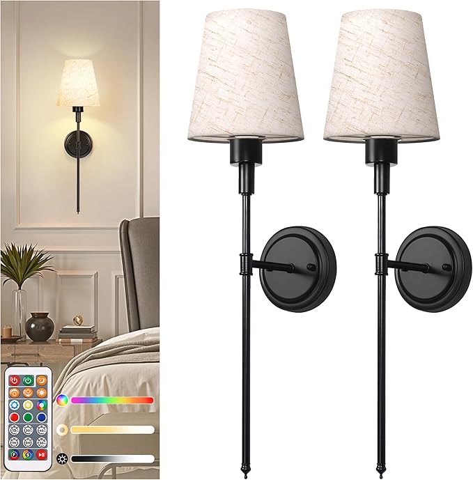DORESshop Battery Operated Wall Sconce Set of 2, 7 Color Wireless Wall Light Easy to Install, Sconce Wall Decor Set of 2 for Bedroom, Living Room, Fabric Linen Shade, Black, 24.6in
