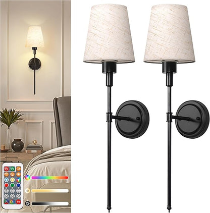 DORESshop Battery Operated Wall Sconce Set of 2, 7 Color Wireless Wall Light Easy to Install, Sconce Wall Decor Set of 2 for Bedroom, Living Room, Fabric Linen Shade, Black, 24.6in