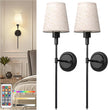 DORESshop Battery Operated Wall Sconce Set of 2, 7 Color Wireless Wall Light Easy to Install, Sconce Wall Decor Set of 2 for Bedroom, Living Room, Fabric Linen Shade, Black, 24.6in