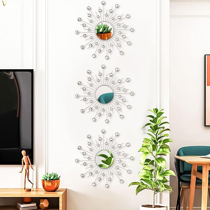 Uaussi 3 Pack Crystal Sunburst Wall Mirror Décor Rhinestone Mirrors Decorative Home Wall Art for Living Room Bedroom Entryway(Crystals Silver)