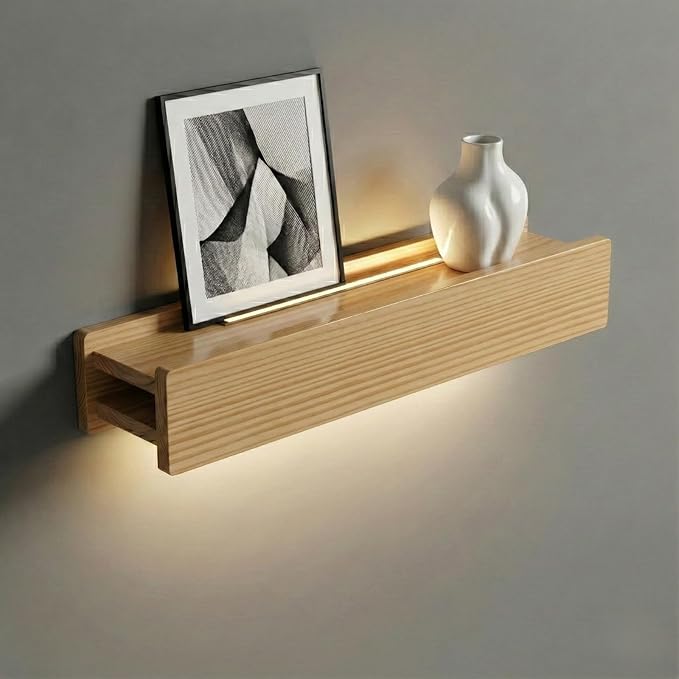 24" Natural Wood LED Floating Shelf, Heavy Duty Solid Pine Decorative Wall Mounted Shelf with Soft Ambient Lights, Minimalist Ledge for Living Room & Bedroom, Ideal for Scandinavian Home Decor