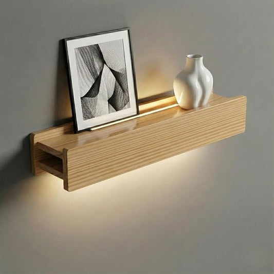 24" Natural Wood LED Floating Shelf, Heavy Duty Solid Pine Decorative Wall Mounted Shelf with Soft Ambient Lights, Minimalist Ledge for Living Room & Bedroom, Ideal for Scandinavian Home Decor