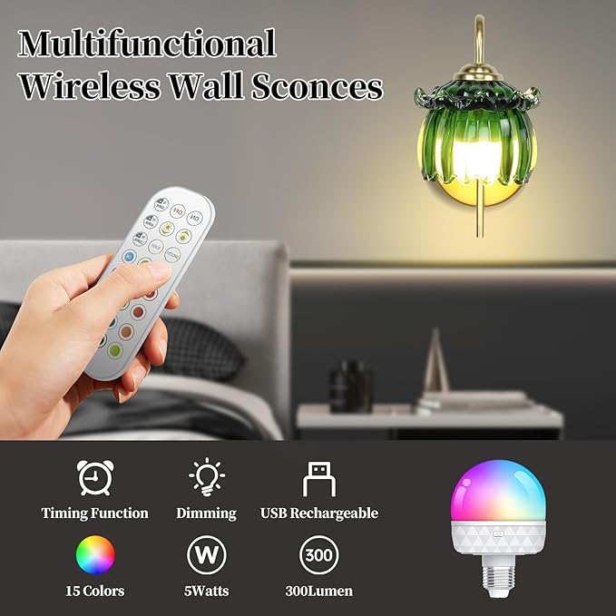 GEEZO Vintage Battery Operated Wall Sconce, with Rechargeable Battery Powered Wall Light with Remote Control for Bedside Bedroom