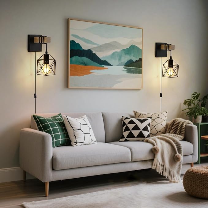 Lightess Plug in Wall Sconces Set of 2 with On/Off Switch, Industrial Wall Lights Metal Cage Lampshade, Black Farmhouse Wall Mounted Lamp for Bedroom Living Room