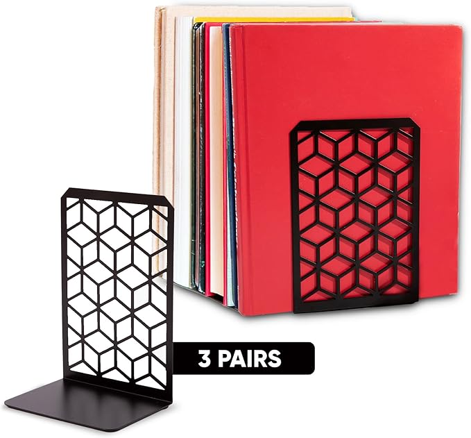 Geomod 3D Cube Black Metal Bookends Decorative for Heavy Books - Sturdy Boho Book Stops - Minimal Book Shelf Stopper - Durable Office Bookends - Weighted Metal Book Holders - 7x4.75 Inches - 3 Pair