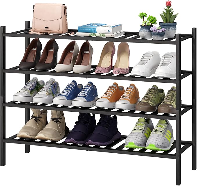 Black 4-Tier Long Shoe Rack, Bamboo Wood, 33-Inch