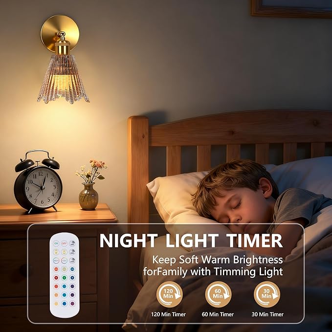 Vintage Battery Operated Wall Sconce with Amber Crystal Grid Glass Lampshade Rechargeable Battery Powered Wall Light with Remote Control for Bedside Bedroom Bathroom, Set of 1