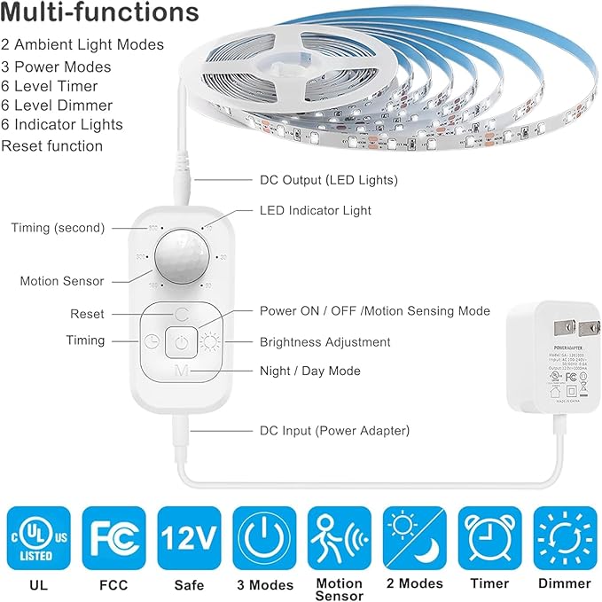 Motion Sensor Under Cabinet Lights - Plug-in LED Strip Lights Indoor with Power Adapter, Dimmer and Timer for Kitchen Cabinet, Counter, Shelf, Showcase, Stairway, Bedroom, Corridor, Washroom