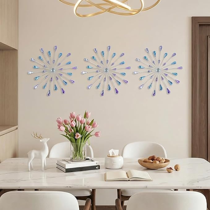 ZEXUIRU 3 Pack Silver Sunburst Wall Decor – Metal Crystal Wall Art with Sparkling Rhinestones, 14’’/18 Inch Starburst Wall Hanging Set for Living Room Bedroom Bathroom – Modern Bling Home Decorations