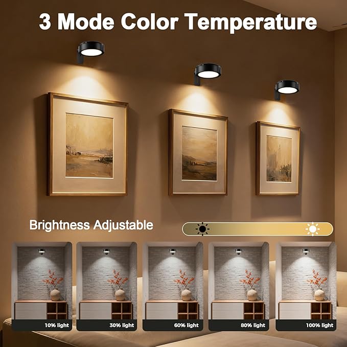 Picture Lights for Wall, Battery Powered Magnetic Lights with 3 Lighting Color Dimmable Timer Art,Poster,Gallery,Painting Display,Photos,Frame,Wall Light, Black (3 Pack)