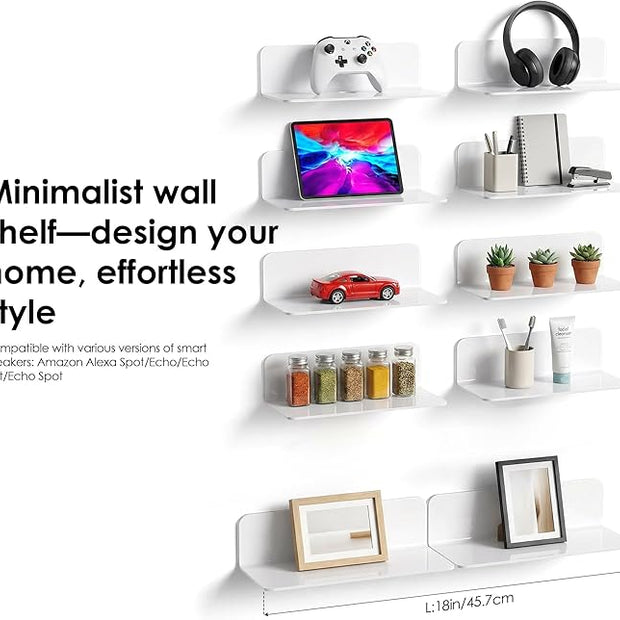 OAPRIRE White Floating Shelves Wall Mounted Set of 2 - Easily Expand Wall Space - Acrylic Hanging Shelves for Bedroom, Gaming Room, Living Room, Bathroom, Office with Cable Clips