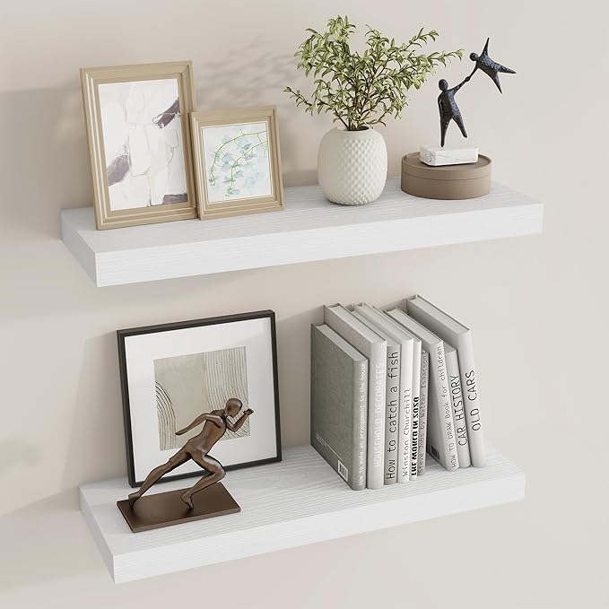 Dreamland 24 Inch Long Floating Shelves in White,6.7 Inch Deep Floating Shelf for Wall,Large Display & Storage Shelf, Wall Shelf for Bathroom Bedroom Living Room Kitchen Office，Set of 2
