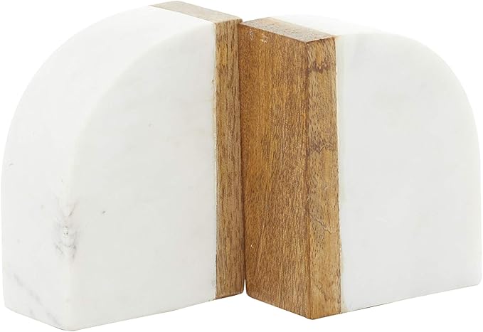 Deco 79 Marble Decorative Bookends 5 lbs Non Skid Bookends with Wood Details, Set of 2 Office Bookends4"W, 5"H, White