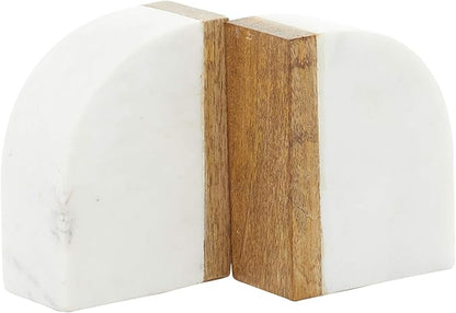 Deco 79 Marble Decorative Bookends 5 lbs Non Skid Bookends with Wood Details, Set of 2 Office Bookends4"W, 5"H, White