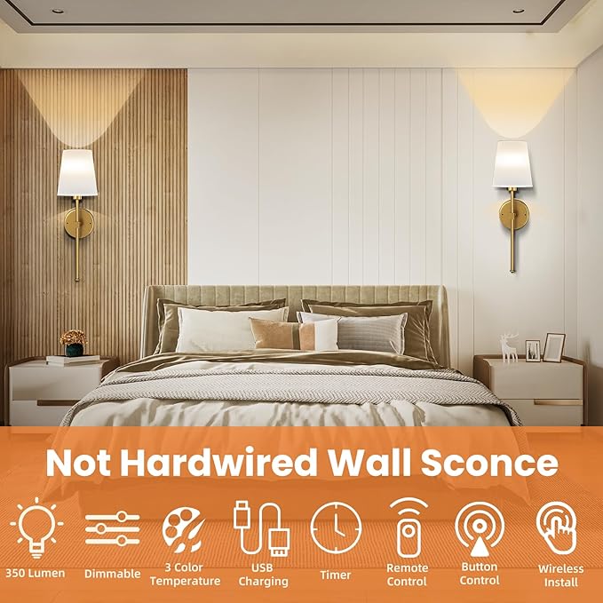 Battery Operated Wall Sconce Set of 2, Rechargeable Wall Lights with Dimmable Detachable Charging Bulbs and Remote, 3 Color Temperature Wireless Sconces for Bedroom Living Room Hallway (Large)