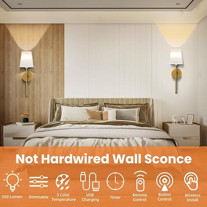 Battery Operated Wall Sconce Set of 2, Rechargeable Wall Lights with Dimmable Detachable Charging Bulbs and Remote, 3 Color Temperature Wireless Sconces for Bedroom Living Room Hallway (Large)