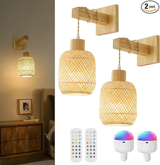 Battery Operated Wall Sconces Set of Two, Bamboo Lantern Rechargeable Wall Sconce with Remote, 15 Colors Dimmable Boho Wireless Wall Lights for Bedroom, Living Room, Wall Decor