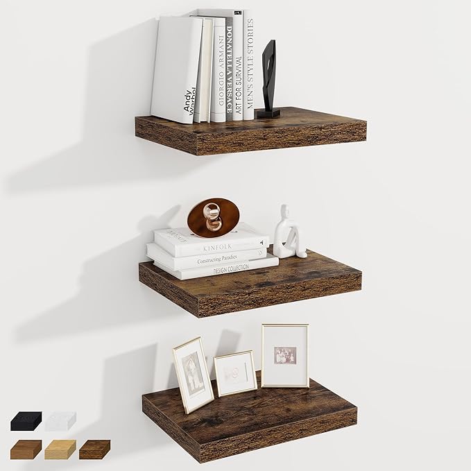 Fun Memories 12 Inch Deep Floating Shelves, 16 x 12 Wooden Wall Shelves, Extra Deeper & Thicker Rustic Wall Mounted Storage Shelf for Fireplace, Living Room, Kitchen, Farmhouse, Rustic Brown - 3Pack