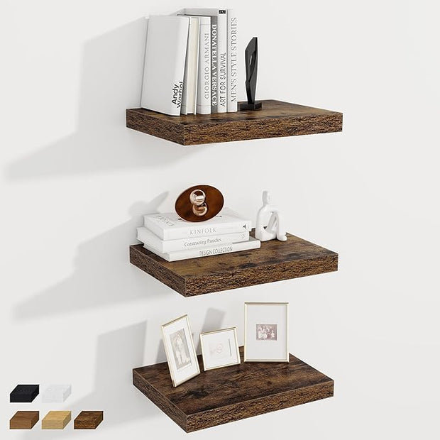 Fun Memories 12 Inch Deep Floating Shelves, 16 x 12 Wooden Wall Shelves, Extra Deeper & Thicker Rustic Wall Mounted Storage Shelf for Fireplace, Living Room, Kitchen, Farmhouse, Rustic Brown - 3Pack