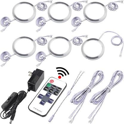 Curio Cabinet Lights Kit, Over Under Counter LED Puck Lights, Low Profile 0.3", 120V Wall Plug in, RF Wireless Remote Control Dimmable, Linkable, White Cables, Daylight 6000K, 6 Lights