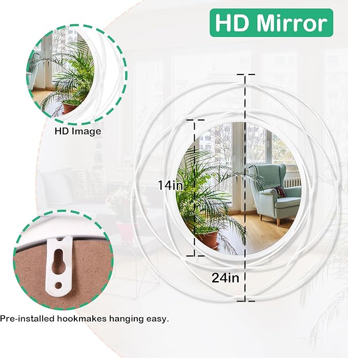 24 inch Round Mirror White, Circle Wall Mirror for Bathroom Vanity,Large Circle Mirror for Wall Decor, for Living Room Bathroom Bedroom Hallway Balcony Vanit