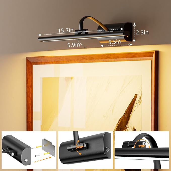 Picture Lights for Wall, 5200mAh Rechargeable Battery Operated Picture Light with Remote, 15.7" Dimmable 3 Colors Wireless Art Lighting for Paintings Picture Frame Gallery Dartboard, Black