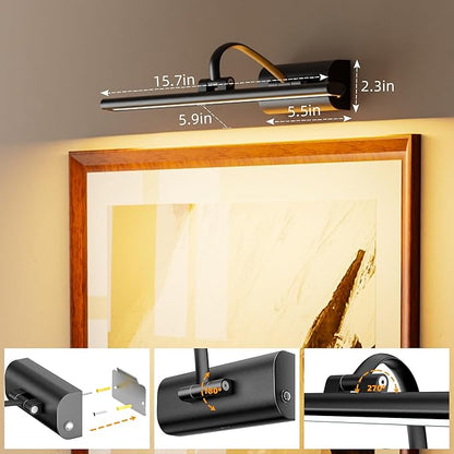 Picture Lights for Wall, 5200mAh Rechargeable Battery Operated Picture Light with Remote, 15.7" Dimmable 3 Colors Wireless Art Lighting for Paintings Picture Frame Gallery Dartboard, Black
