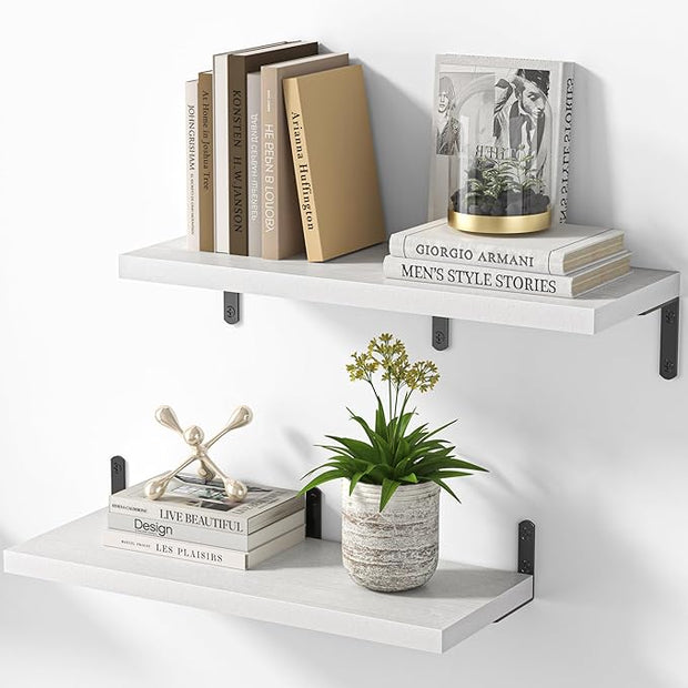 Marsmiles Extra Wide Floating Shelves for Wall, 24x8 Inch Natural Wood Grain Bookshelves, Heavy Duty Mounted Shelving for Bathroom, Kitchen, Living Room, Bedroom,Set of 2，White