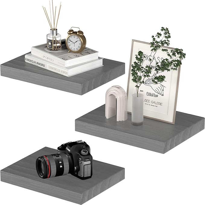 Small Floating Shelves for Wall - 12 x 9 Inch Grey Shelves for Bedroom, Living Room, Bathroom, Kitchen, Office Decor Set of 3