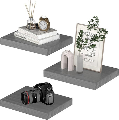 Small Floating Shelves for Wall - 12 x 9 Inch Grey Shelves for Bedroom, Living Room, Bathroom, Kitchen, Office Decor Set of 3