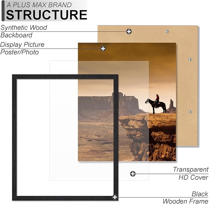 A PLUS MAX 18x24 Picture Frame Set of 3, Black Engineered Wood Frame for 18 x 24 Inch Picture Poster Photo, Light Weight 18 by 24 Frame with Wood-grain for Wall - 3 Pack/Black/18 x24