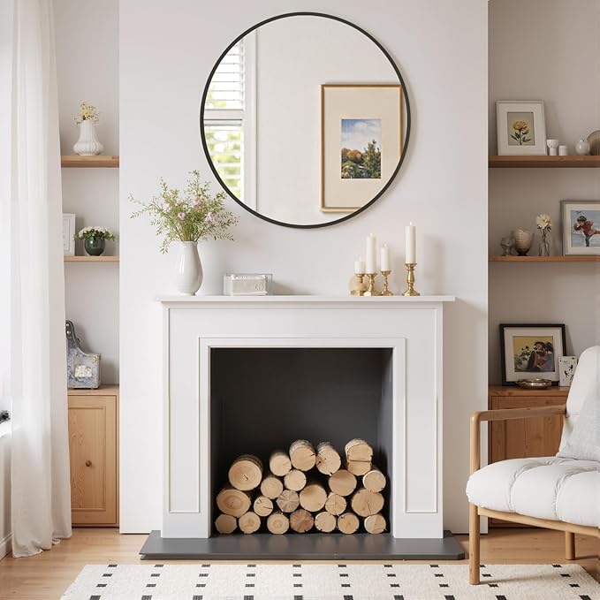 Round Wall Mirror 30 Inch Black Vanity Mirror with Metal Frame, Modern Circle for Bathroom, Entryway, Bedroom, Living Room, Wall Mounted Decorative Mirrors