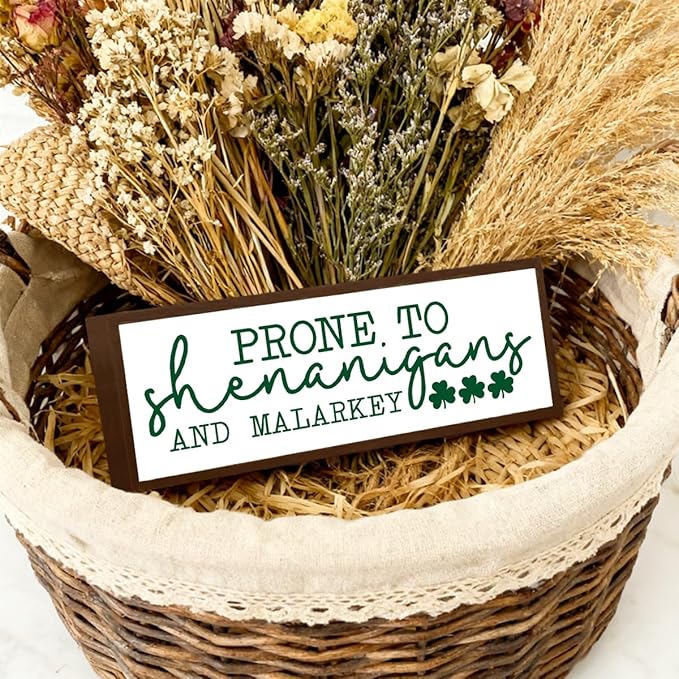 Prone to Be Shenanigans and Malarkey Sign, Happy St Patrick's Day Decor, Irish Holiday Decor, Green Shamrock Lucky Clover Decorations for Home Kitchen Office, 9.5x3.1x1 inches