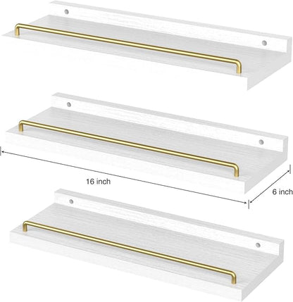 Floating Shelves for Wall Decor, White and Gold Shelves for Bathroom, Living Room, Bedroom, Picture Frames, Plants, Kitchen (Set of 3)