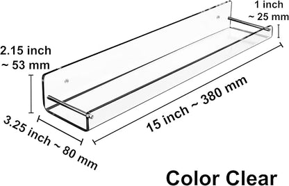 AMT 3 Pack Acrylic Floating Shelves, 15" L x 3.25" W, Clear Bathroom Wall Shelf, Bookshelves, Invisible Display for Office, Bedroom, Small Gap Allows Water to Escape, Free Screws & Drill Bit (Medium)