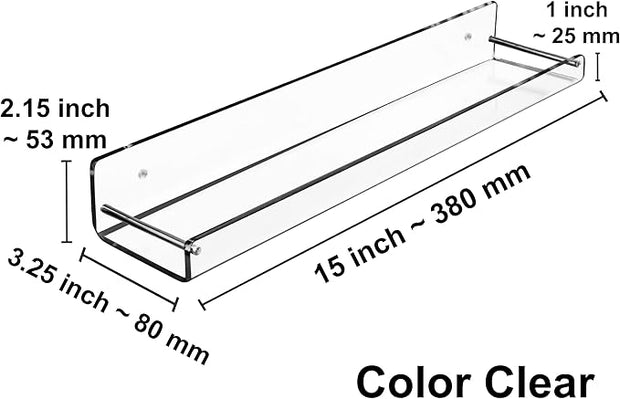 AMT 2 Pack Acrylic Bathroom Shelves 15 Inch Clear Floating Wall Mounted Storage Bookshelf, Invisible Display for Office, Bedroom, Small Gap for Water to Escape, Free Screws & Drill Bit (Medium)