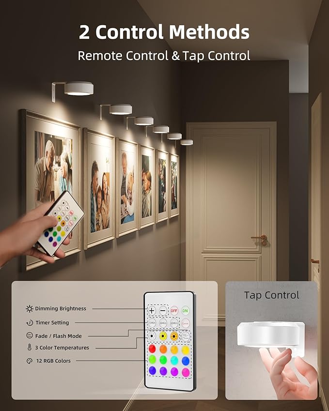 EZVALO Picture Lights for Wall, 2000mAh Rechargeable Battery Magnetic Poster Lights with 3 Color Temps & 12 RGB, Remote Dimmable Timer Painting Light, Wall Decor Light for Art Display, Frame (6 Pack)