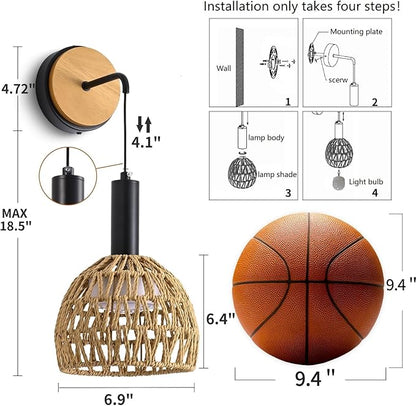 Rattan Wall Sconce, Wall Sconces Set of Two Battery Operated with Remote Control, 3 Colors Dimmable,Boho Upgrade Rechargeable Sconces Set of 2 for Bedroom, Living Room, Entryway (Black)