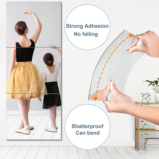 JUNEBRUSHS 3 Pack Self Adhesive Acrylic Mirrors, 20 x 24 Inch Full Length Mirror Tiles,Frameless Mirror Sheets Wall Stickers for Wall Mounted Make Up Gym Workout