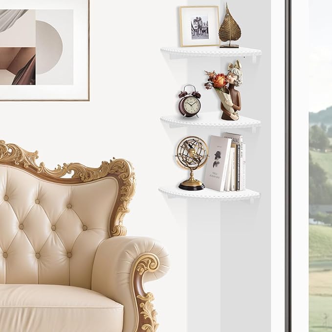 Lamapggio Corner Floating Shelves with Double Support Brackets, 3 Pack Wood Wall Mount Round Display Shelf for Bedroom, Living Room, Bathroom